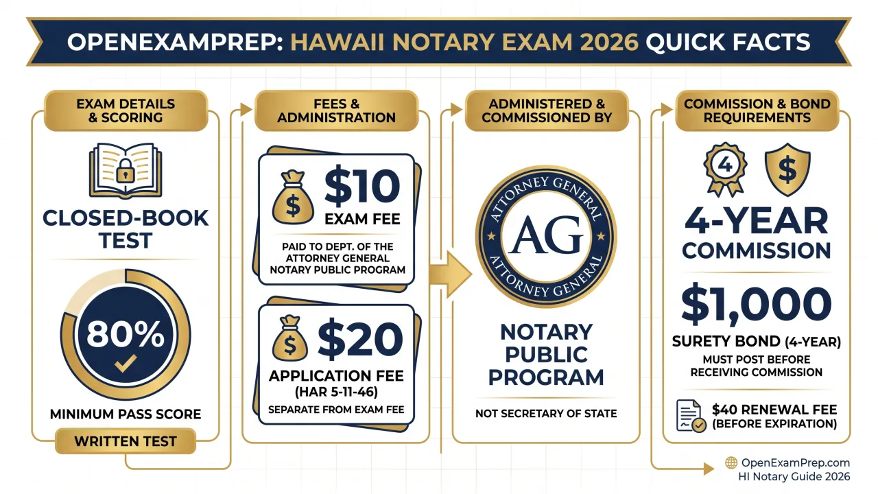 Hawaii Notary Exam 2026: closed-book test, 80% pass, $10 fee, AG administers, $1,000 bond