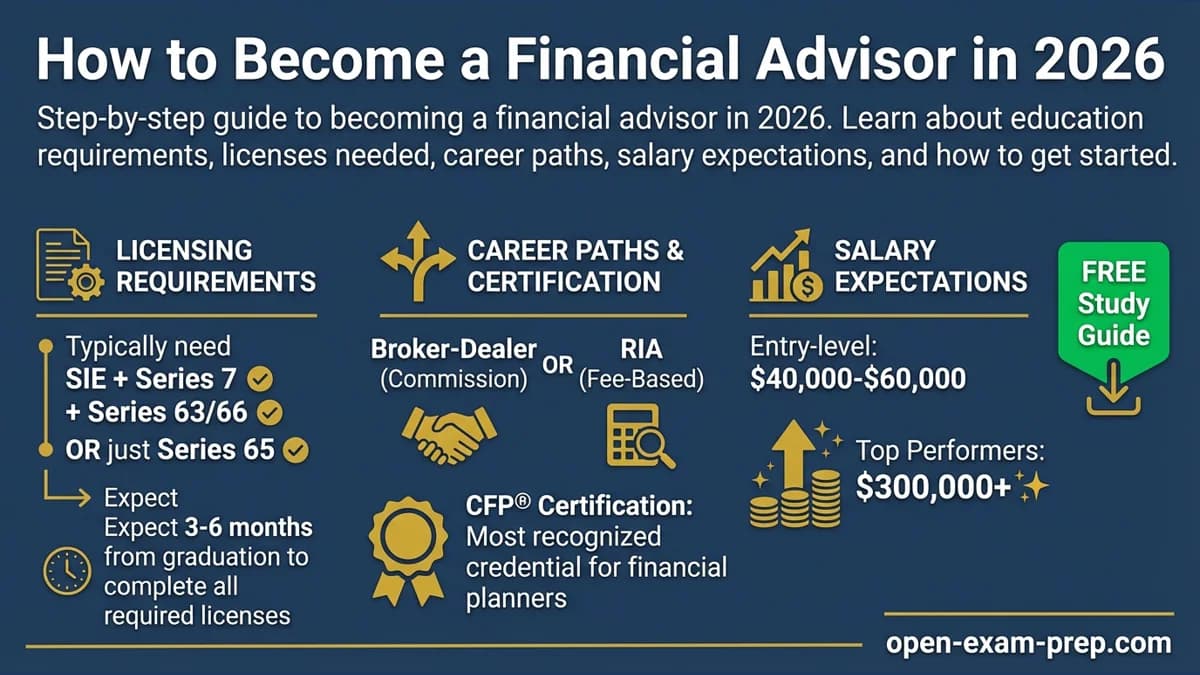 Financial Advisor 2026: Licenses, $40K-$300K salary, CFP® certification, broker-dealer or RIA path