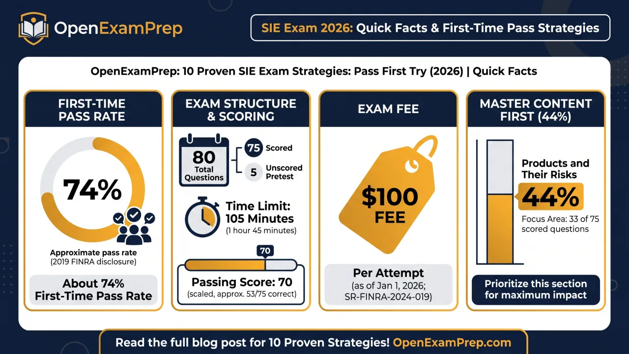 SIE Exam 2026: ~74% first-time pass rate, 80 questions (75 scored), $100 fee, master Products/Risks first (44%)