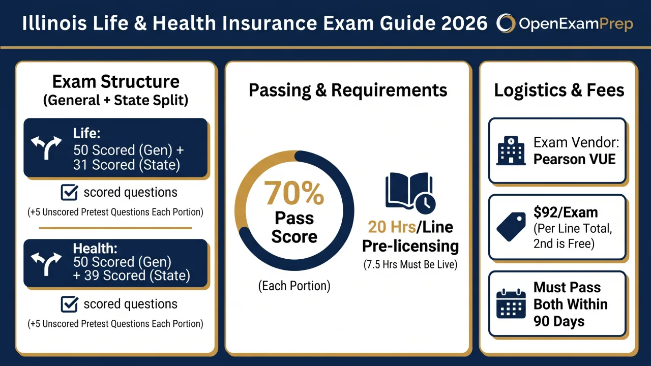 Illinois L&H 2026: General+State split per line, Life 50+31 / Health 50+39 scored, 70% pass, Pearson VUE, $92/exam, 20 hrs/line