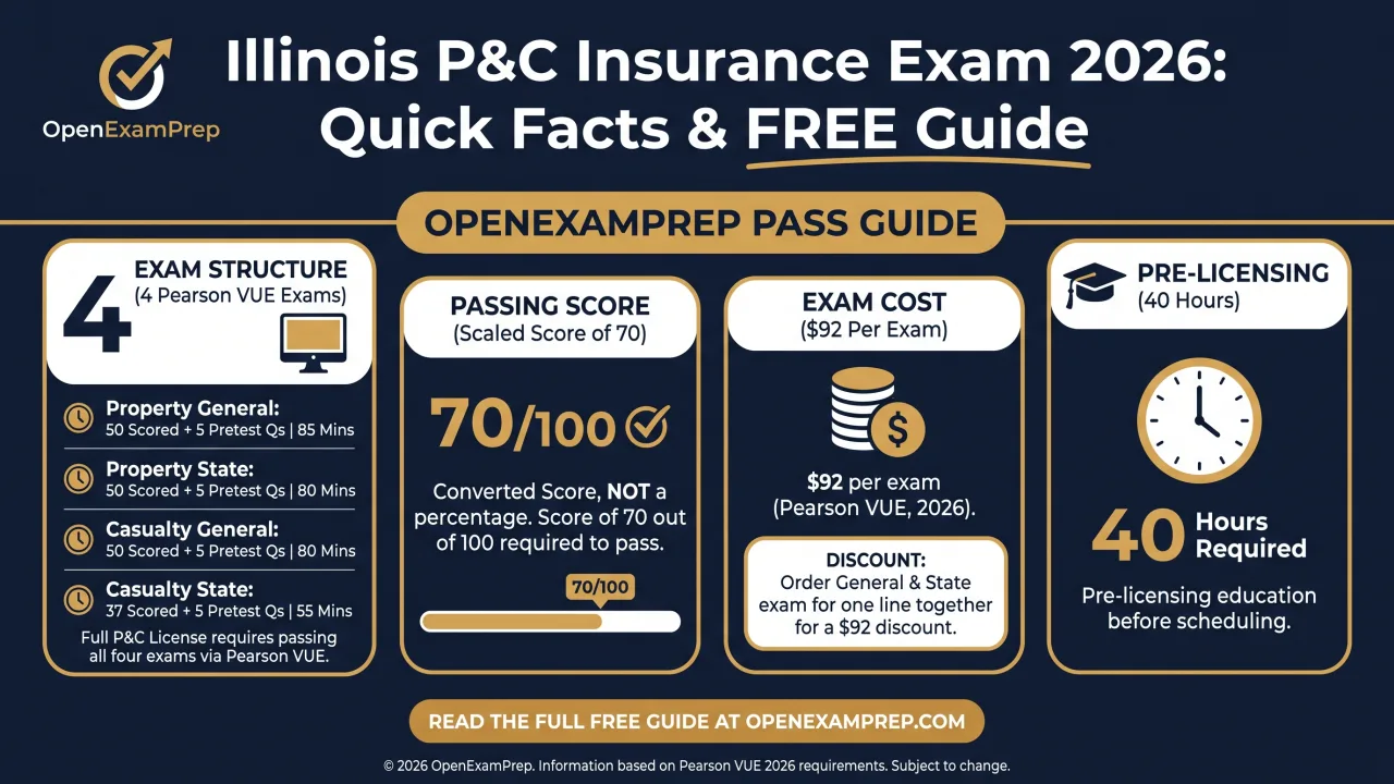 Illinois P&C Exam 2026: 4 Pearson VUE exams, scaled score of 70 to pass, $92 per exam, 40 hours pre-licensing