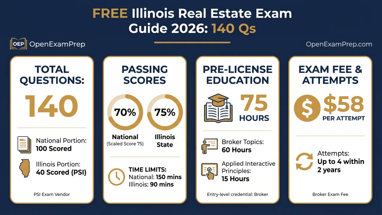Illinois Real Estate Exam 2026: 140 questions, 70% national and 75% state to pass, 75-hour course, $58 fee