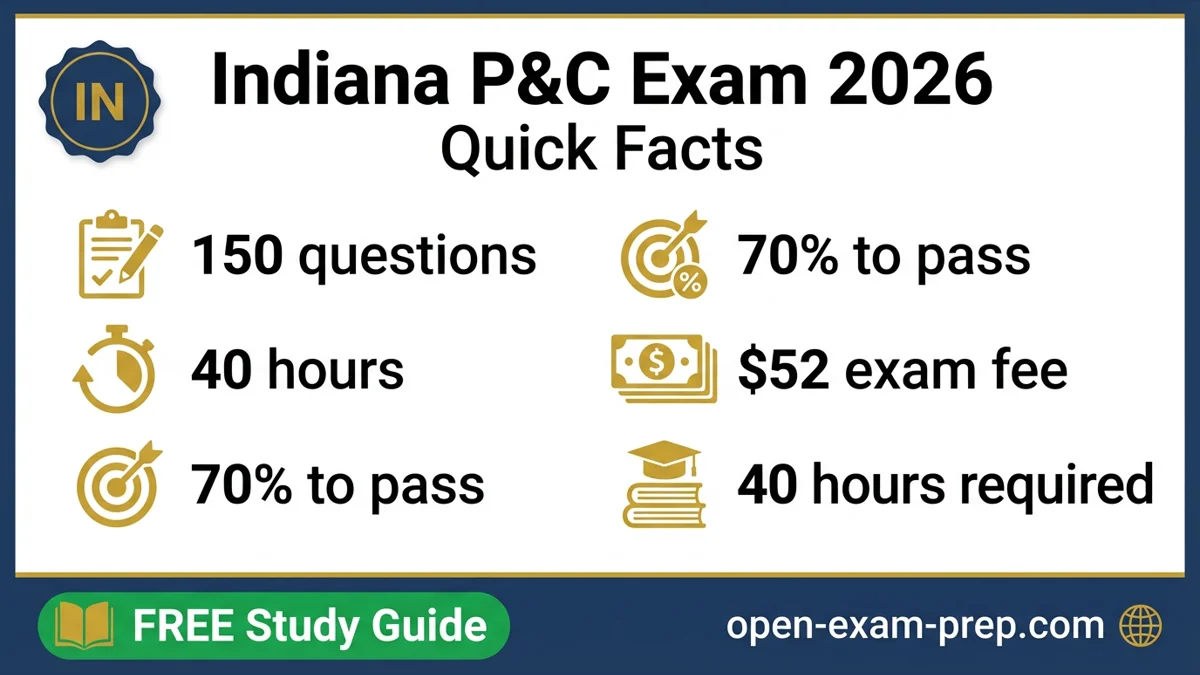 Indiana P&C Exam 2026: 150 questions, 70% pass, $52 fee, 40 hours education