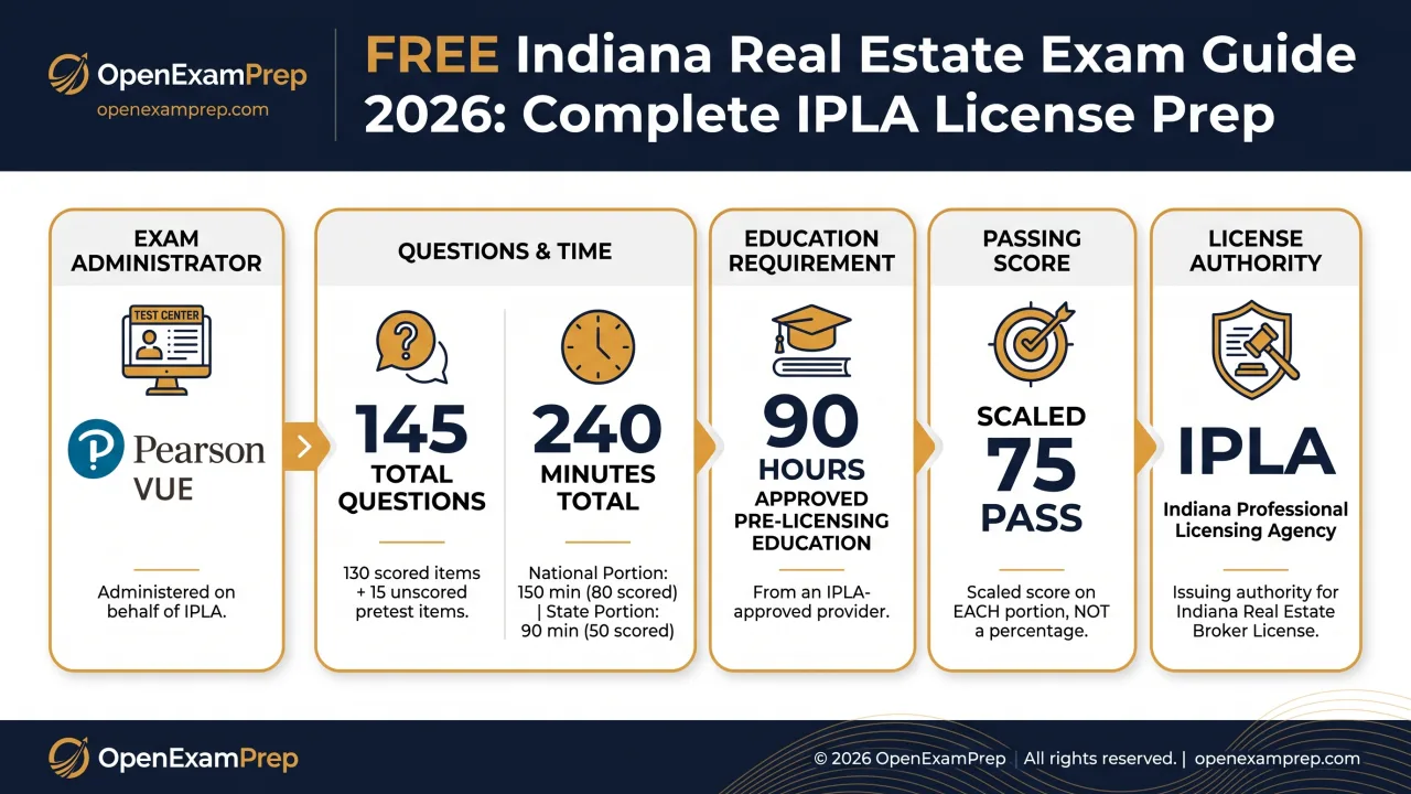 Indiana Real Estate Broker Exam 2026: Pearson VUE, 145 questions, 240 minutes, scaled 75 pass, 90 hours education, IPLA license