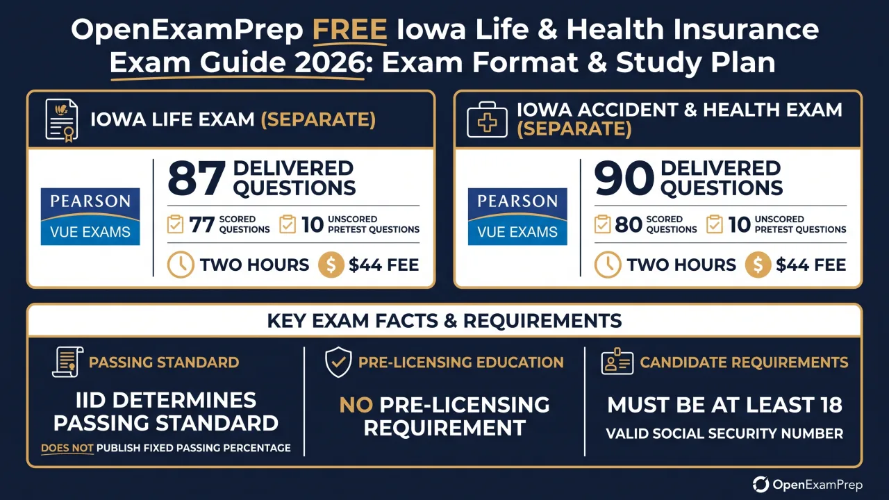Iowa Life and Accident & Health exams: separate Pearson VUE exams with 87 and 90 delivered questions, two hours and $44 each, and no pre-licensing requirement