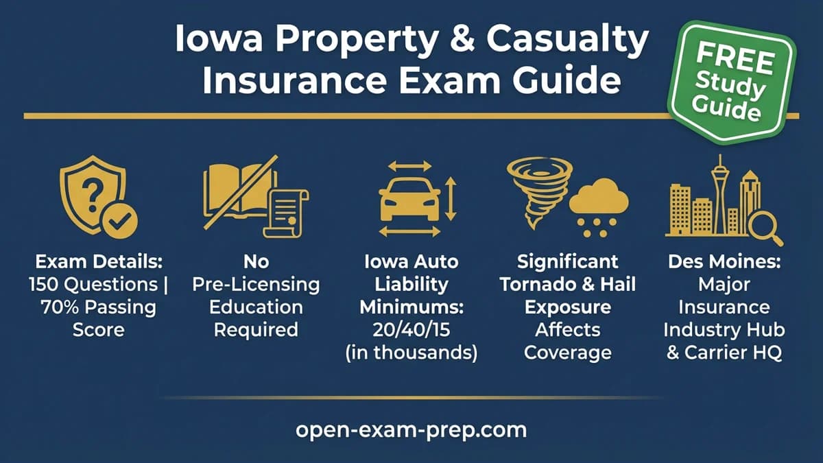 Iowa P&C Exam 2026: 150 questions, 70% pass, no pre-licensing, 20/40/15 auto minimums