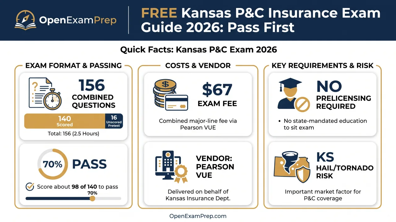 Kansas P&C Exam 2026: combined 156 questions (140 scored), 70% pass, $67 fee, no prelicensing required, Pearson VUE, KS hail/tornado risk