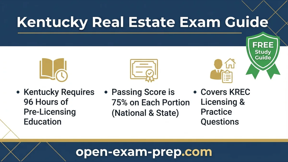 Kentucky Real Estate Exam 2026: 96 hours education, 75% passing score, 130 scored questions, KREC license prep