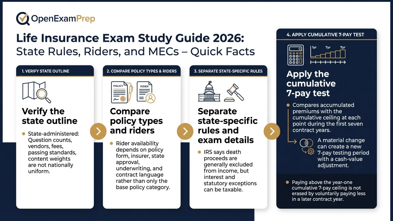 Life insurance exam study workflow: verify the state outline, compare policy types and riders, separate state-specific rules and exam details, and apply the cumulative 7-pay test; a material change can create a new 7-pay testing period with a cash-value adjustment