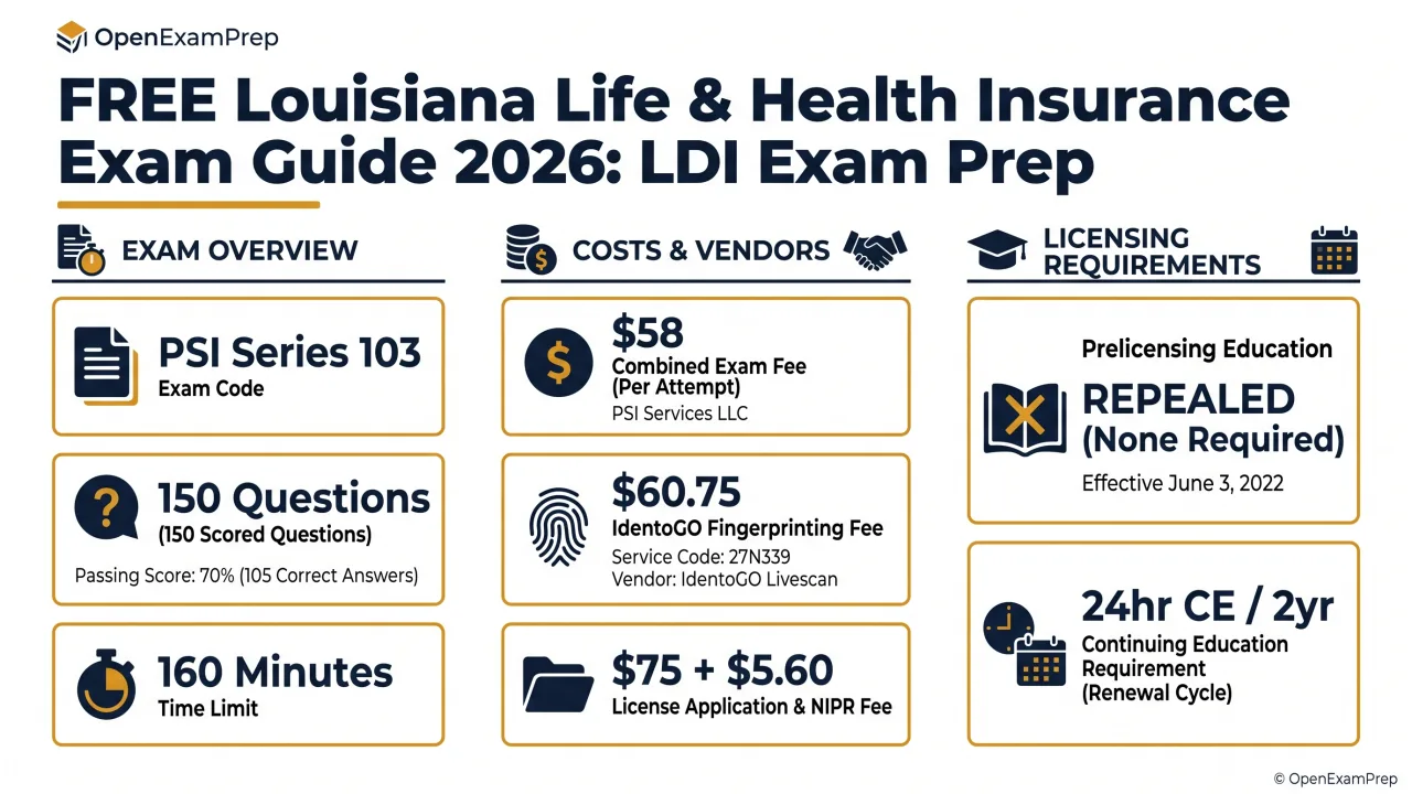 Louisiana Life & Health Exam 2026: $58 combined exam fee, PSI Series 103, 150 questions, 160 minutes, 24hr CE/2yr, IdentoGO fingerprinting