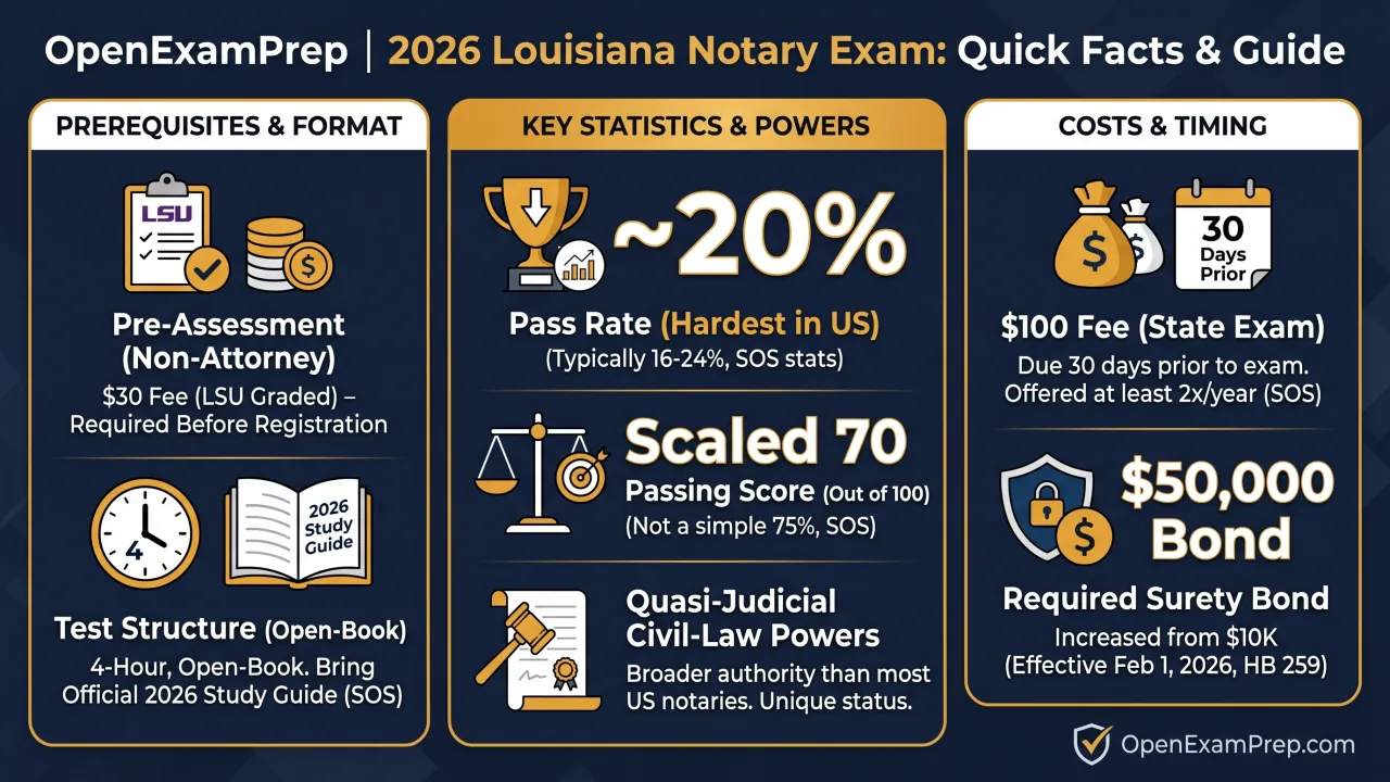 Louisiana Notary Exam 2026: ~20% pass rate, open-book 4-hour test, scaled score of 70, $50,000 bond, quasi-judicial civil-law powers