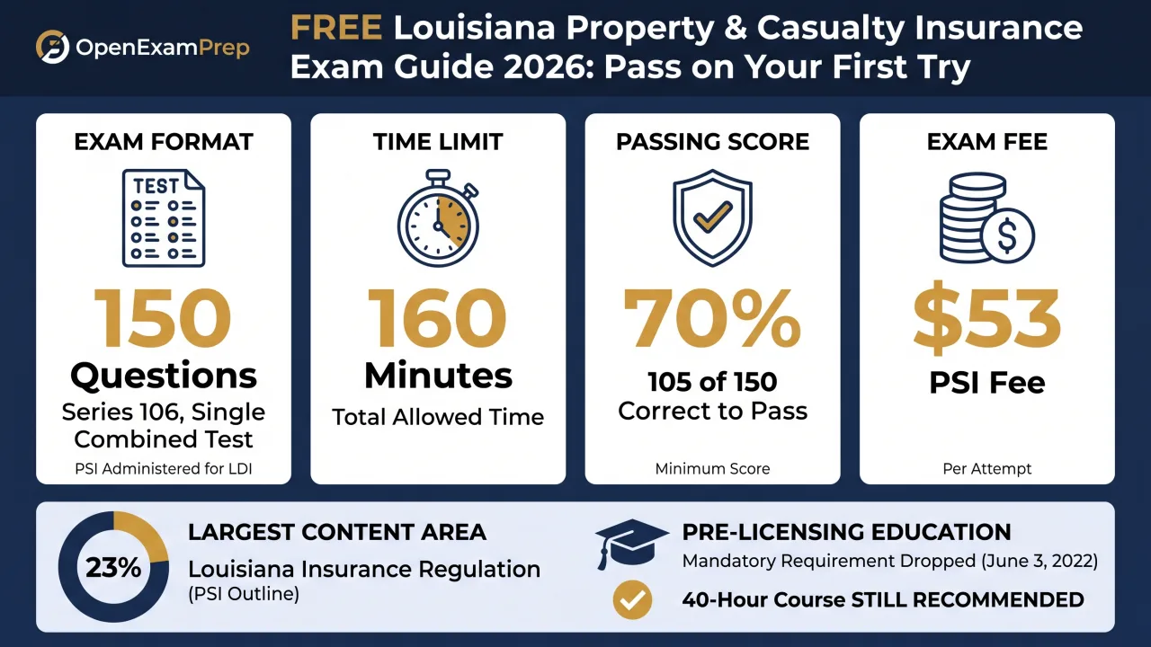 Louisiana P&C Exam 2026: 150 questions, 160 minutes, 70% pass, $53 PSI fee