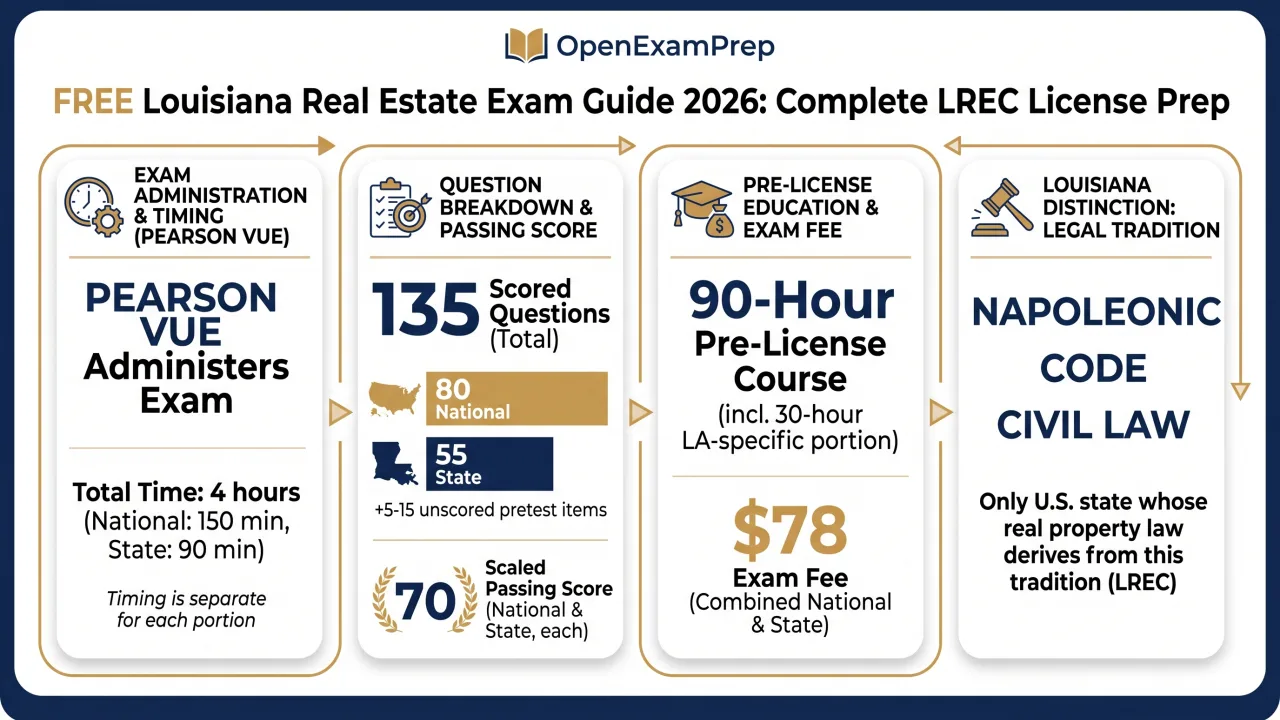 Louisiana Real Estate Exam 2026: Pearson VUE, 135 scored questions (80 national + 55 state), scaled passing score 70, 90-hour pre-license course, $78 exam fee, Napoleonic Code civil law