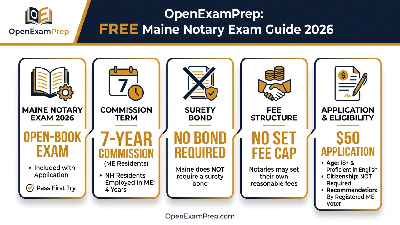 Maine Notary Exam 2026: open-book exam, 7-year commission, no bond required, no set fee cap, $50 application