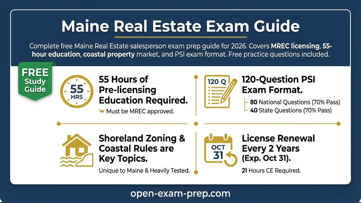 Maine Real Estate Exam 2026: 120 questions, 70% passing, 55 hours, shoreland zoning