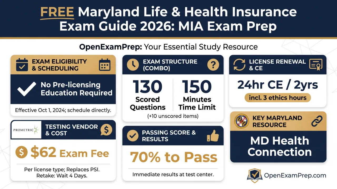 Maryland Life & Health Exam 2026: no pre-licensing, Prometric, $62 fee, 130 scored questions and 150 min (Combo), 70% to pass, 24hr CE/2yrs incl 3 ethics, MD Health Connection