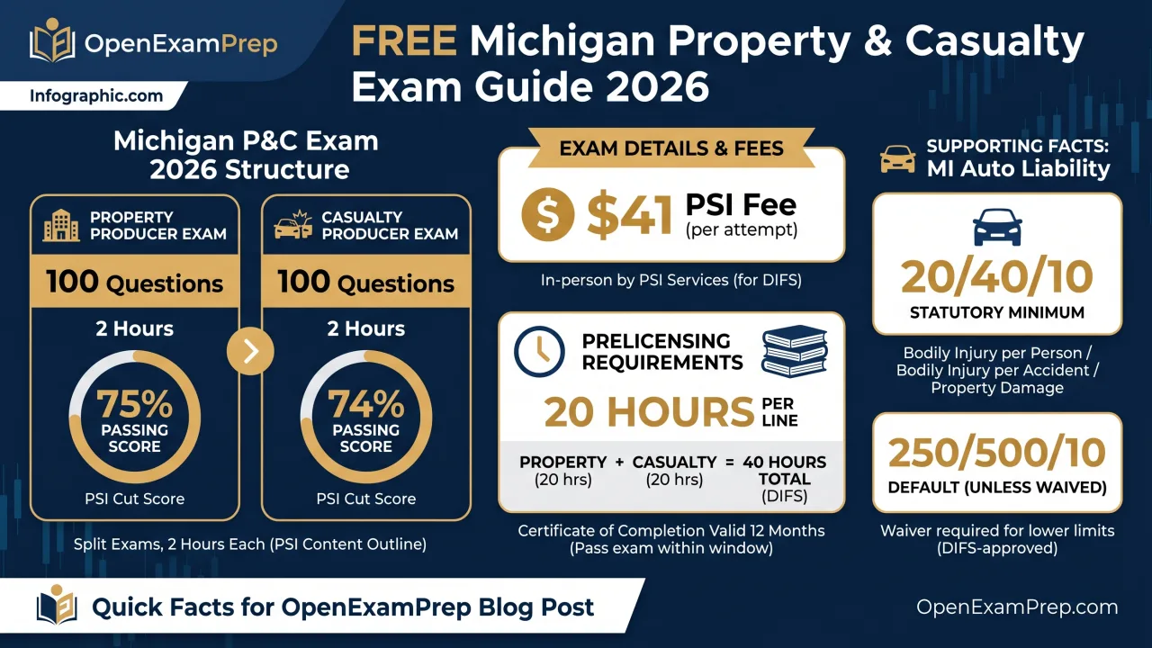 Michigan P&C Exam 2026: separate Property (100 Q, 75%) and Casualty (100 Q, 74%) producer exams, $41 PSI fee, 20 prelicensing hours per line