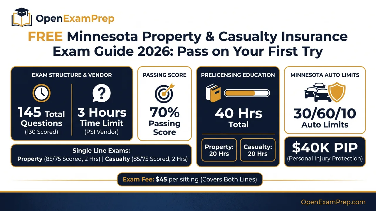 Minnesota P&C Exam 2026: 145 questions (130 scored), 3 hours, 70% pass, PSI vendor, 40 hrs prelicensing (20 per line), 30/60/10 auto limits plus $40K PIP