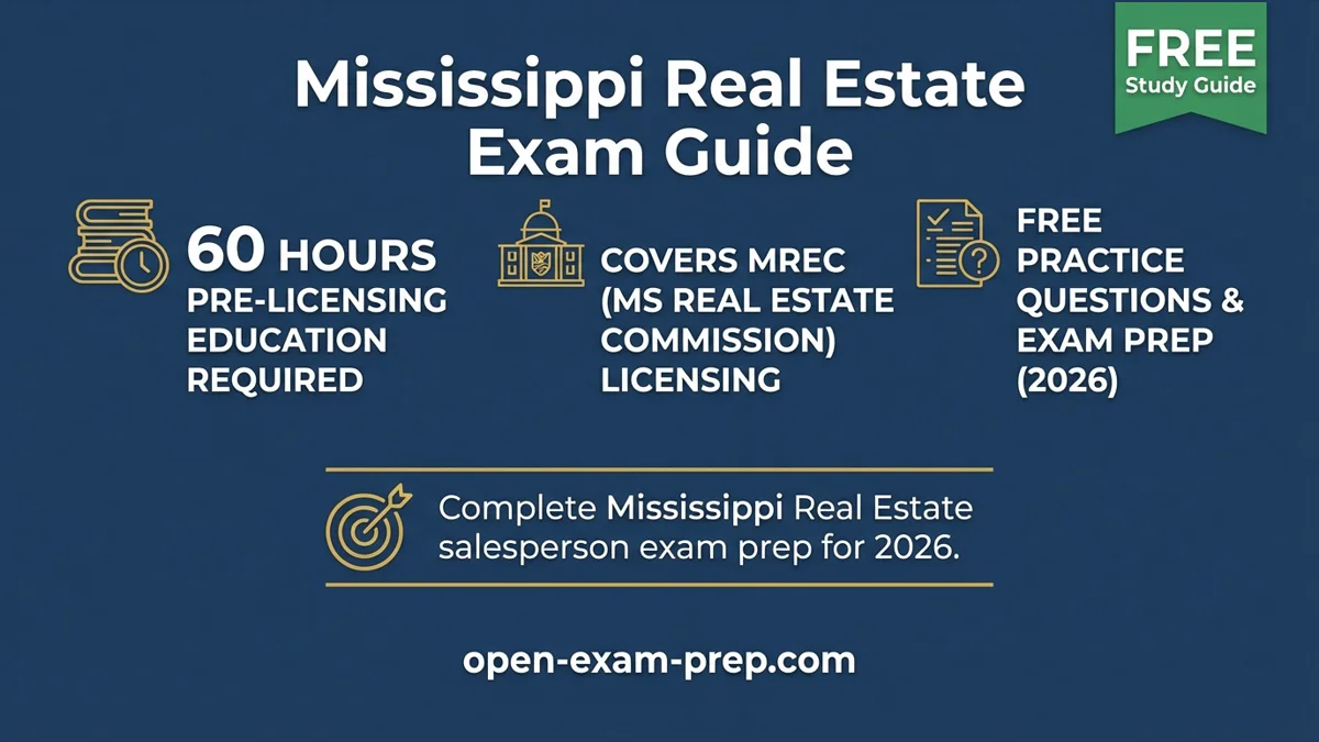 Mississippi Real Estate Exam 2026: 120 questions (80 national + 40 state), 60 hours pre-licensing education, 70%/75% passing scores, MREC license prep