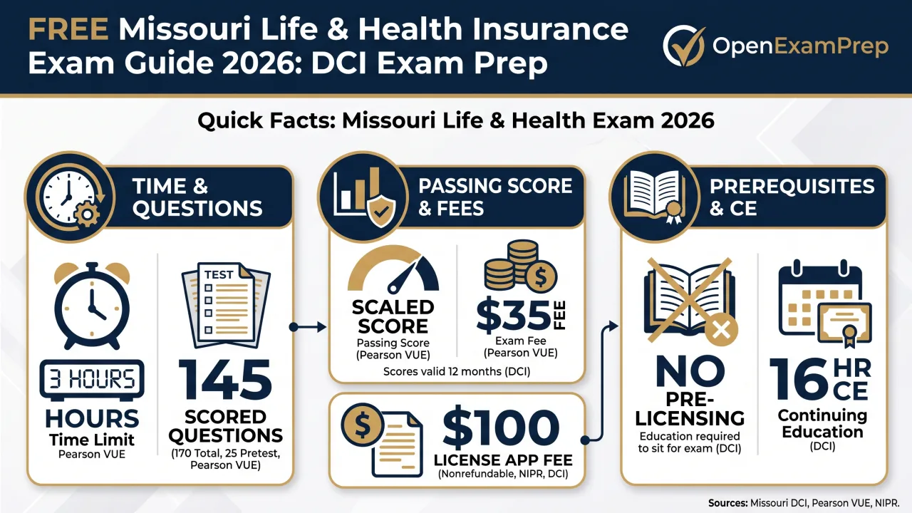 Missouri Life & Health Exam 2026: 145 scored questions, 3 hours, 70 scaled score, no pre-licensing, $35 fee, 16 hr CE