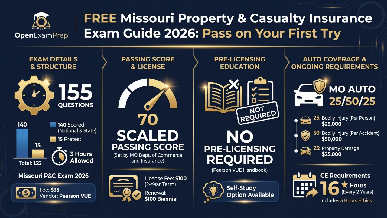 Missouri P&C exam 2026: $40 fee, 3-hour appointment, scaled 70 pass, no pre-licensing required, MO auto 25/50/25