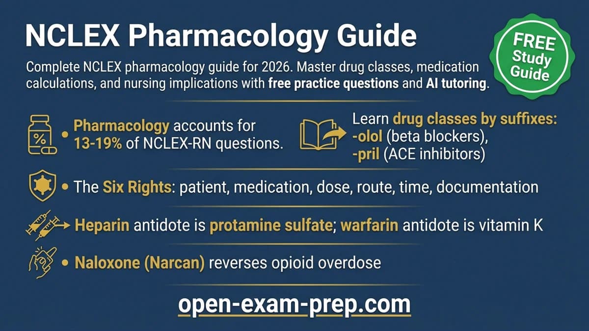 NCLEX Pharmacology 2026: 13-19% of questions, drug suffixes, Six Rights of medication