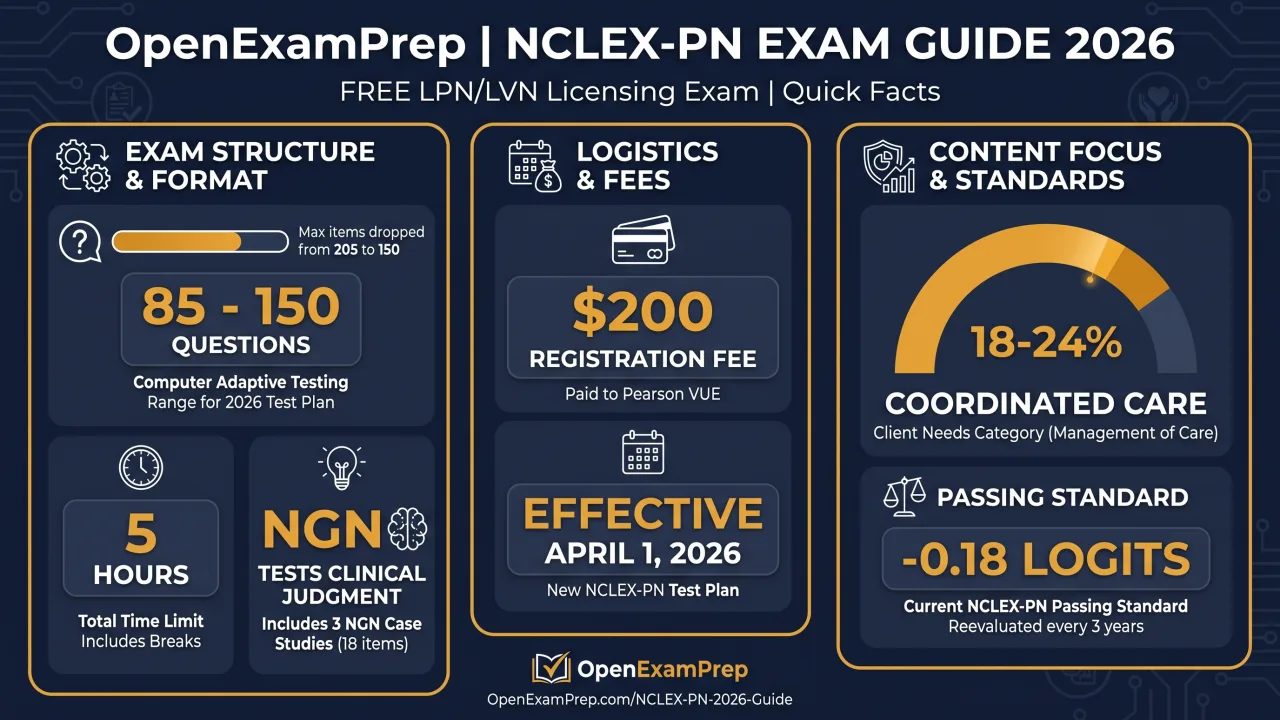 NCLEX-PN 2026: 85-150 questions, $200 fee, 5 hours, Coordinated Care 18-24%, NGN tests clinical judgment