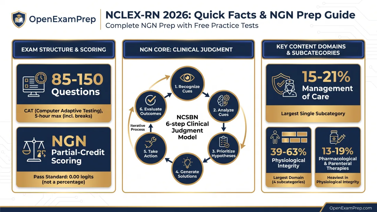 NCLEX-RN 2026 study guide: 85-150 questions, NGN partial-credit scoring, Management of Care 15-21%, Physiological Integrity 39-63%, and the NCSBN 6-step Clinical Judgment Model.