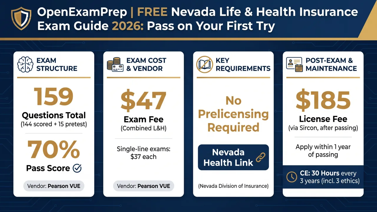 Nevada Life & Health Exam 2026: 159 questions, 70% pass score, $47 exam fee, no prelicensing required, Nevada Health Link
