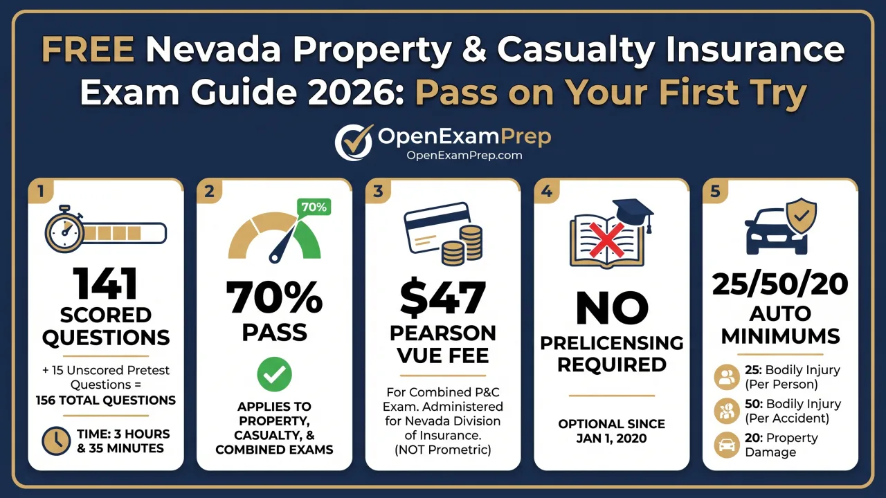 Nevada P&C Exam 2026: combined exam has 141 scored questions, 70% pass, $47 Pearson VUE fee, no prelicensing required, 25/50/20 auto minimums
