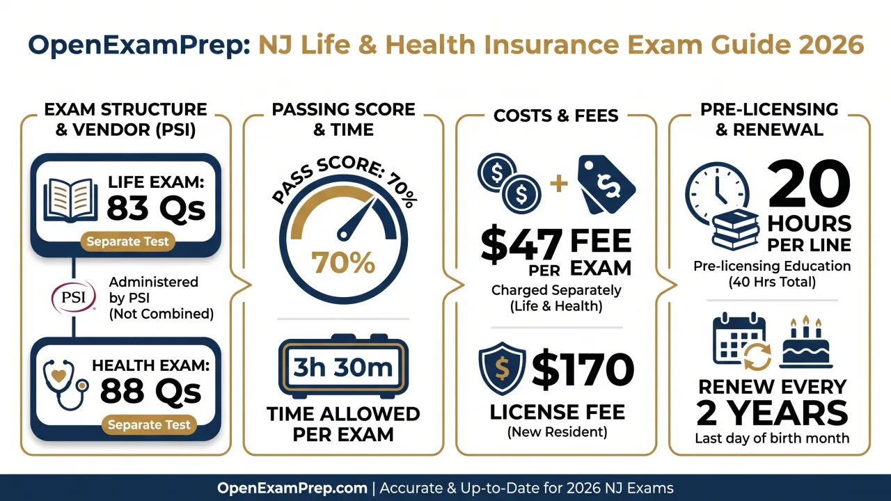 NJ Life & Health 2026: separate Life (83 Qs) and Health (88 Qs) exams, 70% pass, $47 fee per exam, 20 hours pre-licensing per line