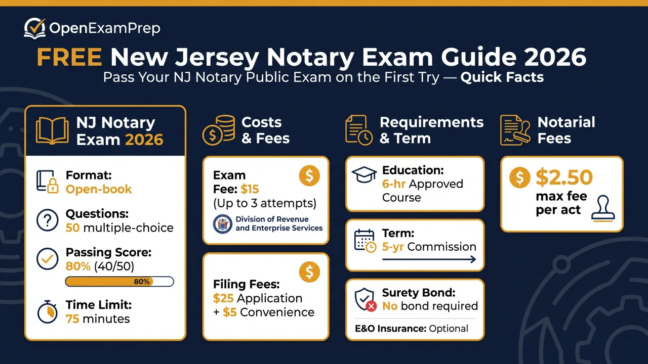 NJ Notary Exam 2026: Open-book, 50 questions, $15 exam fee, 6-hr course, 5-yr term, no bond, $2.50 max fee per act
