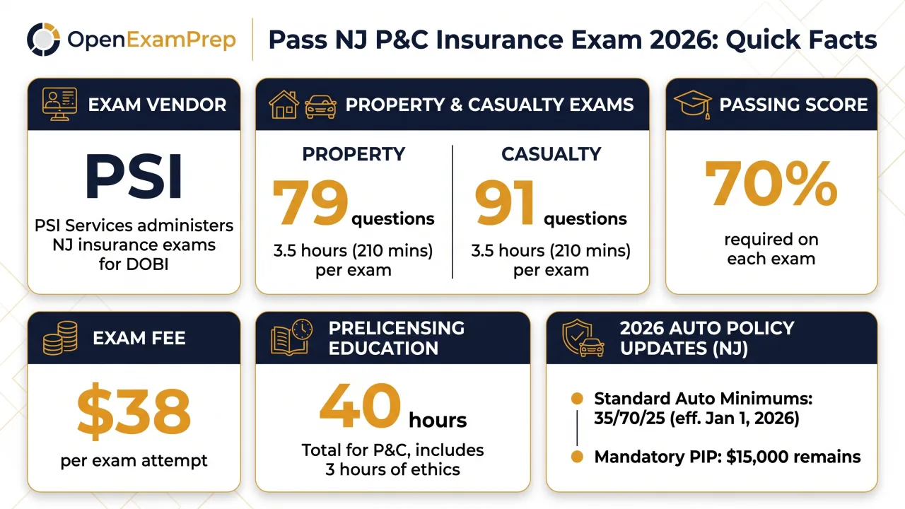 NJ P&C Exam 2026: PSI vendor, Property 79 and Casualty 91 questions, 70% pass, $38 fee, 40 hours education