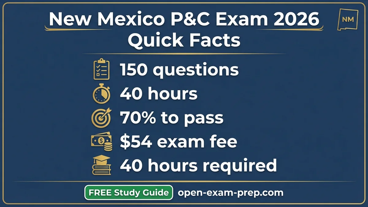 New Mexico P&C exam 2026: 150 questions, 70% pass, $54 fee, 40 hours education