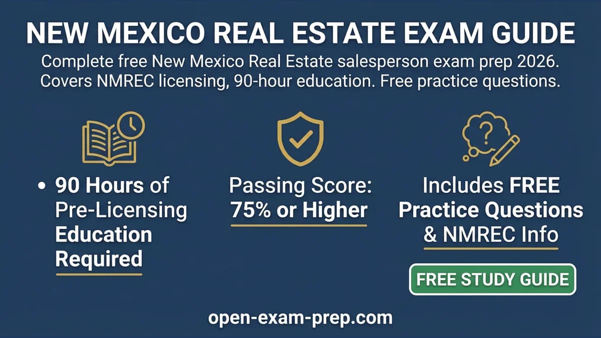 New Mexico Real Estate Exam 2026: 125 questions (75 national + 50 state), 90 hours pre-licensing education, 75% passing score, community property state, NMREC license prep