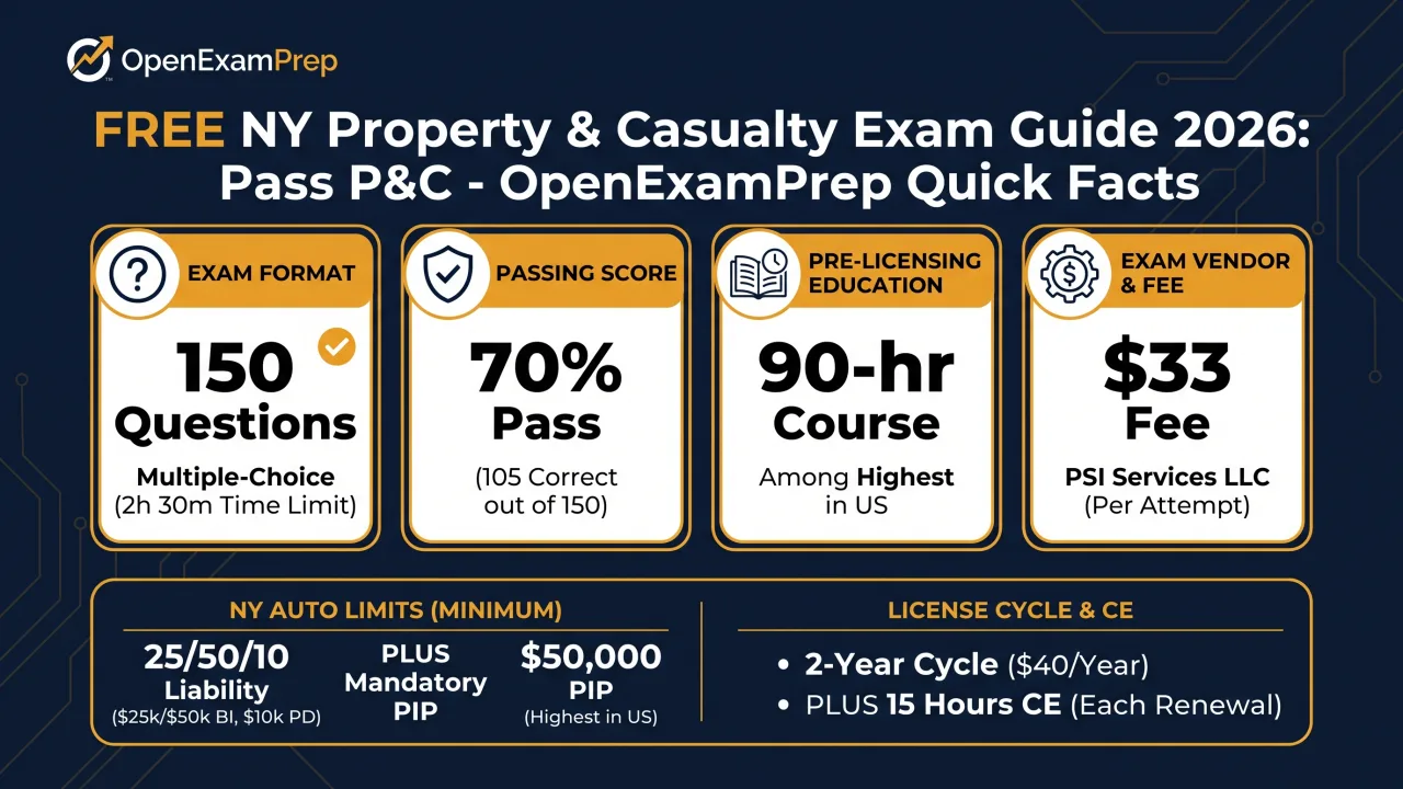 NY P&C Exam 2026: 150 questions, 70% pass, 90-hr course, $33 fee