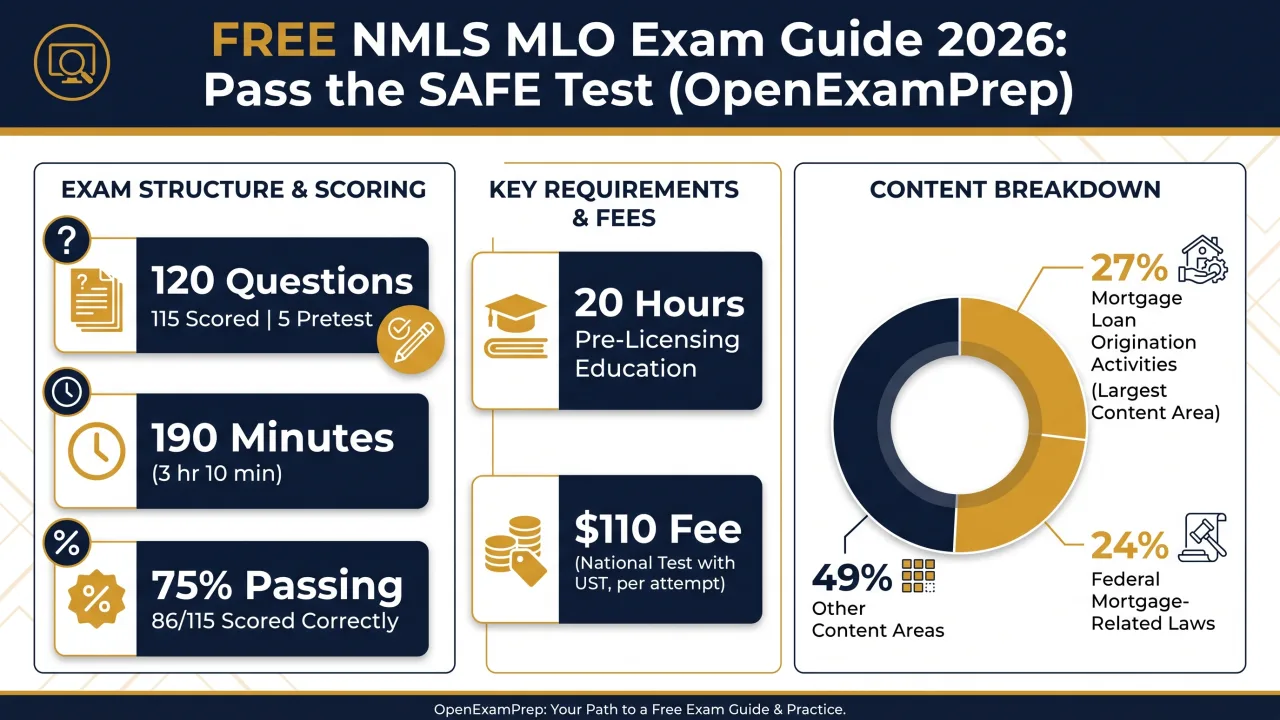 NMLS SAFE MLO Exam 2026: 120 questions (115 scored), 75% passing, 190 minutes, 20 hours pre-licensing education