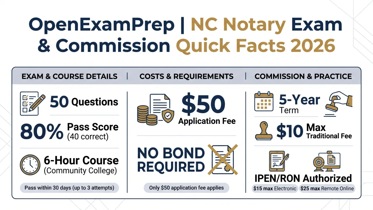 NC Notary Exam 2026: 50 questions, 80% pass, $10 max traditional notary fee, 6-hour course, $50 application fee, 5-year term, no bond required, IPEN/RON authorized