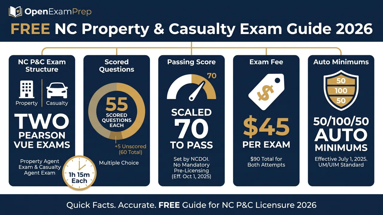 NC P&C Exam 2026: two Pearson VUE exams, 55 scored questions each, scaled 70 to pass, $45 per exam, 50/100/50 auto minimums