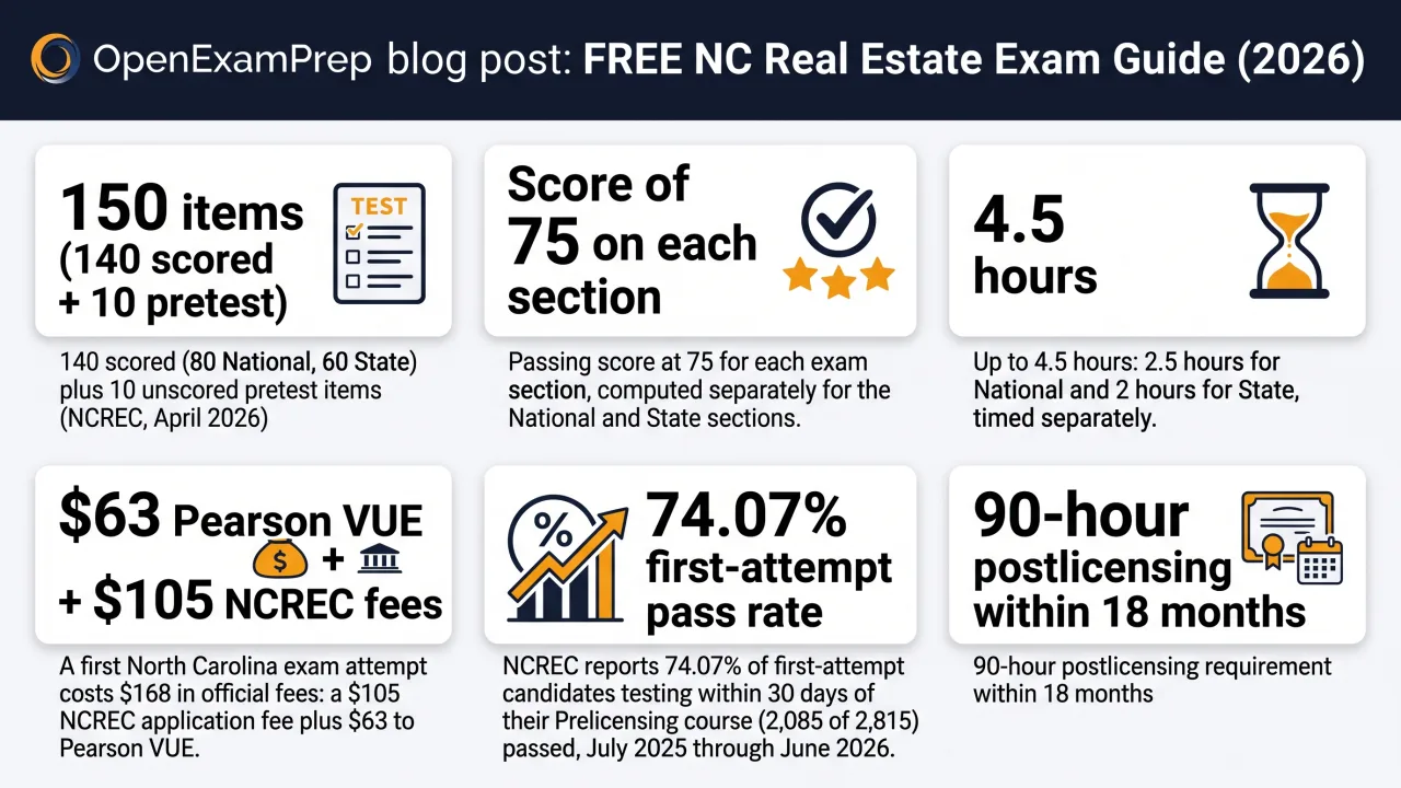 NC Real Estate Exam 2026: 150 items (140 scored + 10 pretest), score of 75 on each section, 4.5 hours, $63 Pearson VUE + $105 NCREC fees, 90-hour postlicensing within 18 months