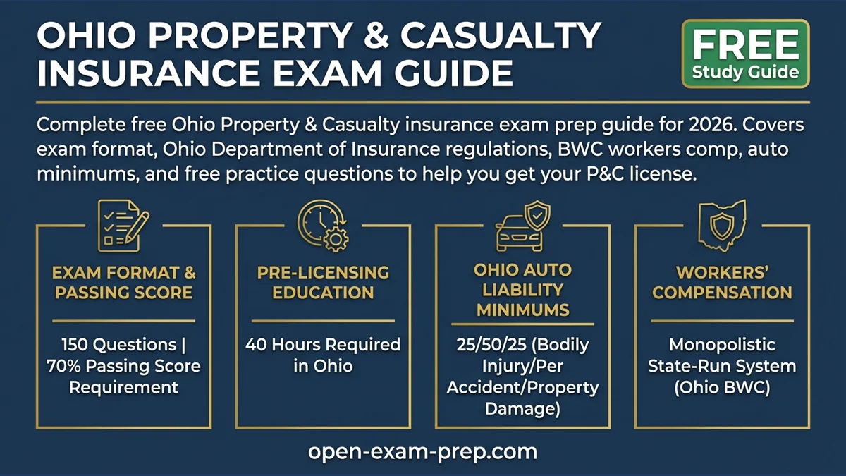 Ohio P&C exam 2026: 150 questions, 70% pass, $42 fee, 40 hours education