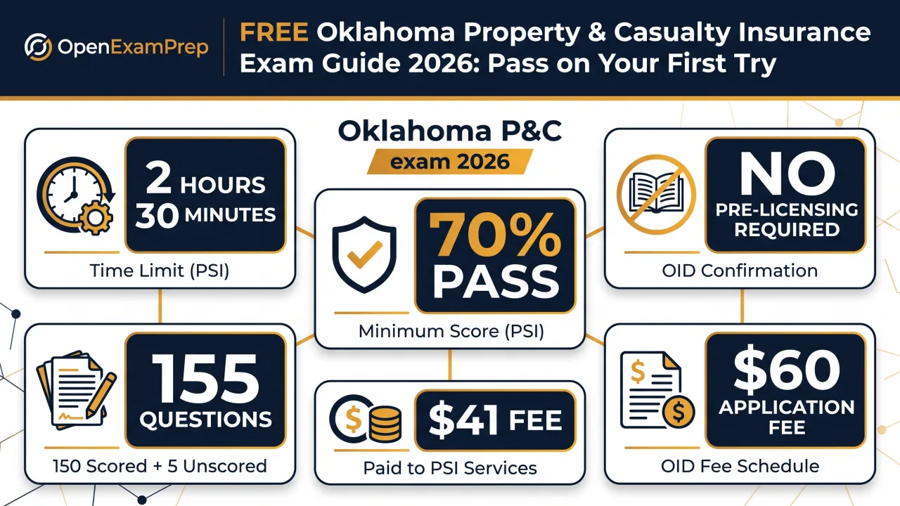 Oklahoma P&C exam 2026: 155 questions, 70% pass, $41 fee, no pre-licensing required