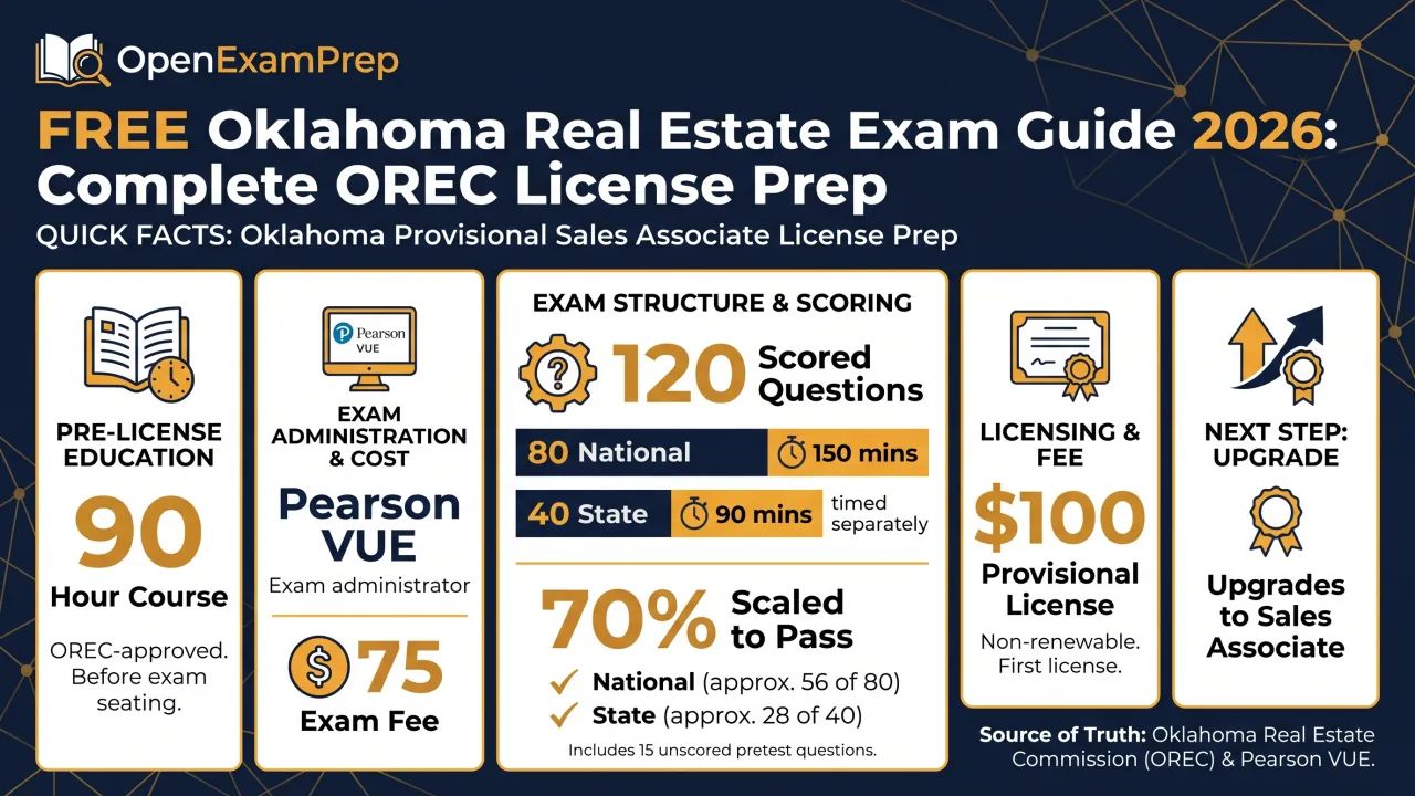 Oklahoma real estate 2026: Pearson VUE, 120 scored questions (80 national + 40 state), 70% scaled to pass, 90-hour course, $75 exam, $100 Provisional license
