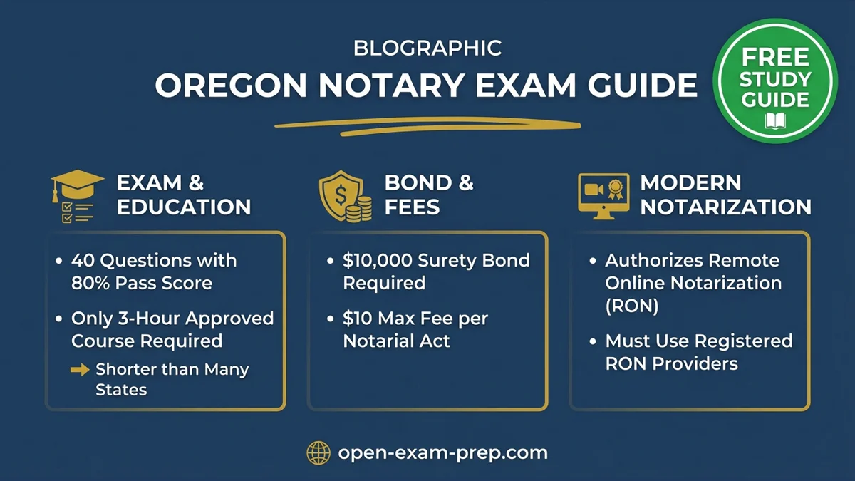 Oregon Notary Exam 2026: 40 questions, 80% pass, $10 fee, 3-hour course, $10K bond