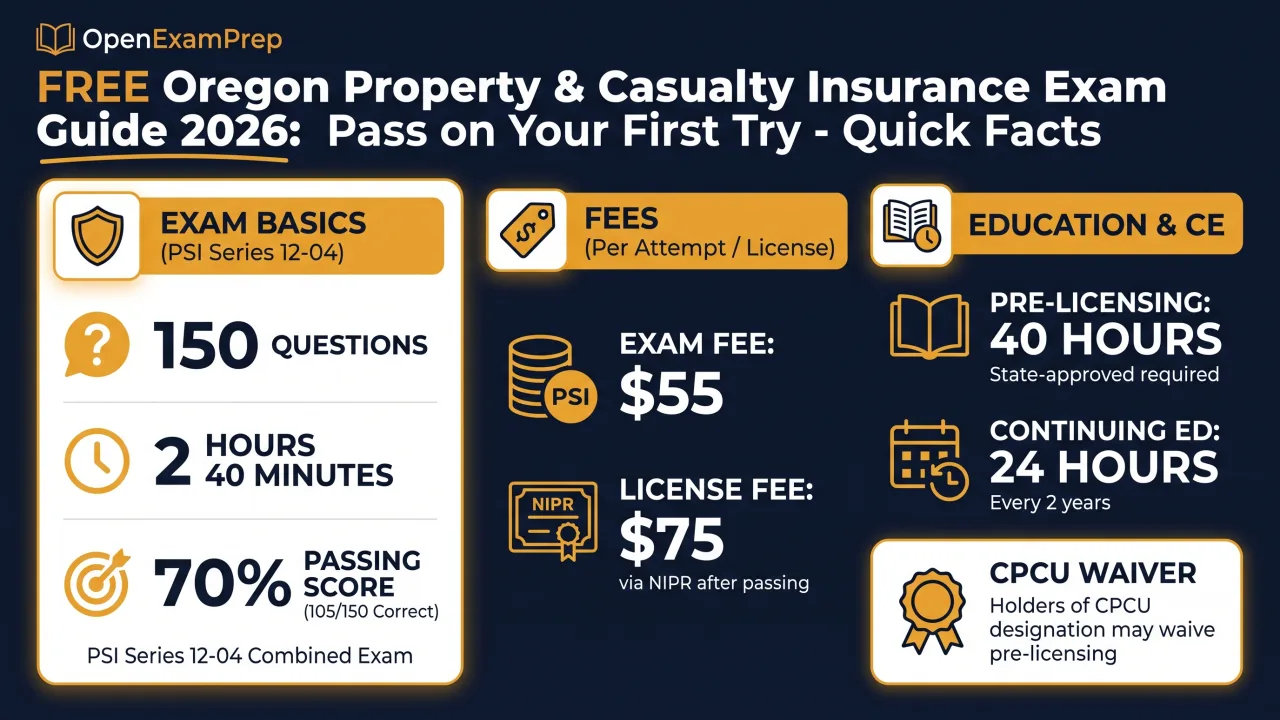 Oregon P&C Exam 2026 (PSI Series 12-04): 150 questions, 2 hours 40 minutes, 70% passing, $55 exam fee, 40-hour pre-licensing, $75 license fee, 24 CE hours every 2 years