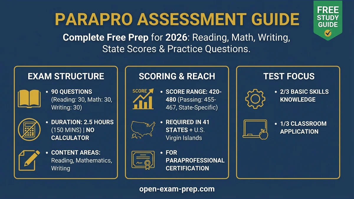 ParaPro Assessment 2026: 90 questions, 2.5 hours, passing scores vary, $55 fee