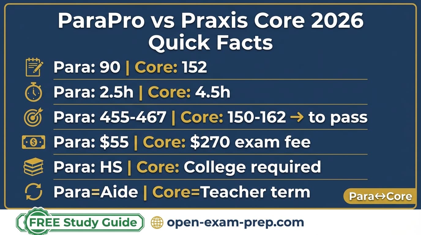 ParaPro vs Praxis Core 2026: ParaPro $55 for aides, Praxis Core $270 for teacher certification path