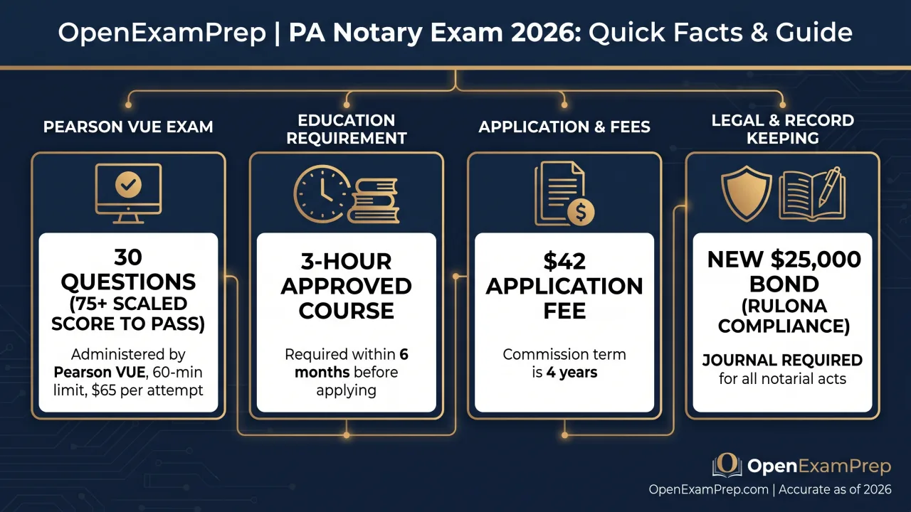PA Notary 2026: Pearson VUE exam (30 questions, 75+ to pass), 3-hour course, $42 application, new $25,000 bond, RULONA, journal required