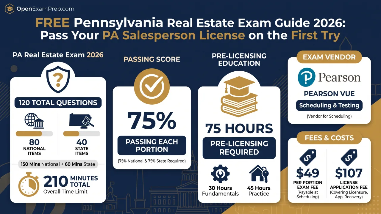 PA Real Estate Exam 2026: 120 questions (80 national + 40 state), 75% passing each portion, 75 hours pre-licensing, Pearson VUE, 210 minutes total