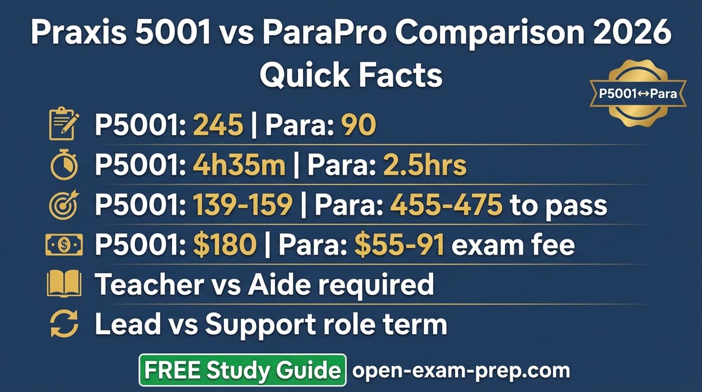 Praxis 5001 vs ParaPro 2026: Praxis full teacher $180 bachelor required, ParaPro aide $55-91 high school diploma stepping stone